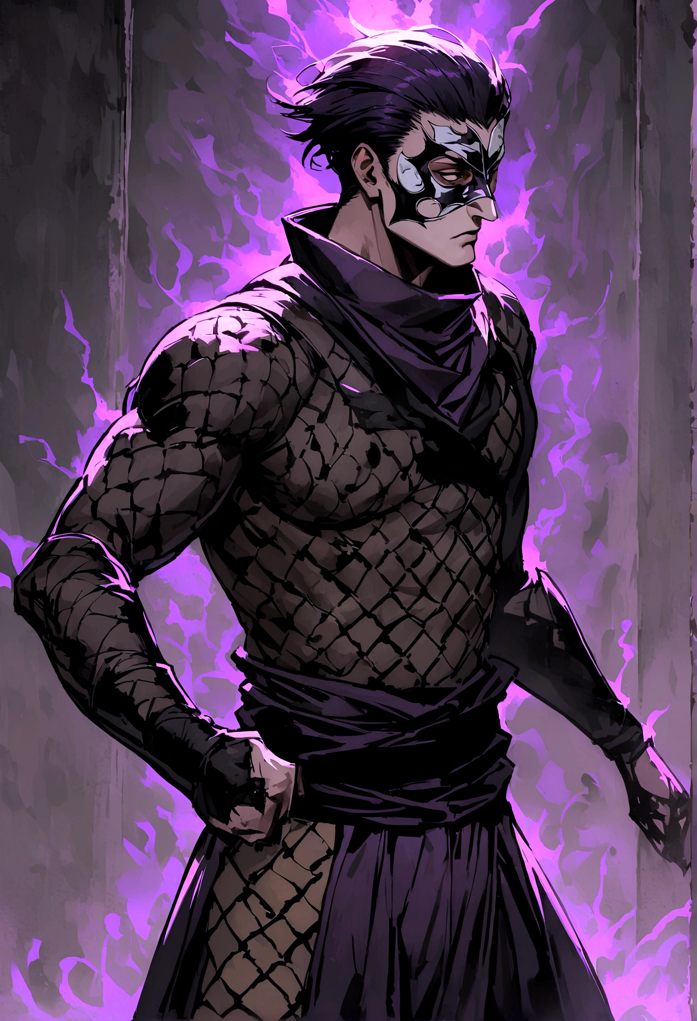standing alone,trunk,mascle,shaved on the side,deep purple black short hair,thin eyes,mascarado,black ninja outfit,beautiful face,mascle face,mascle nose,posture of fight