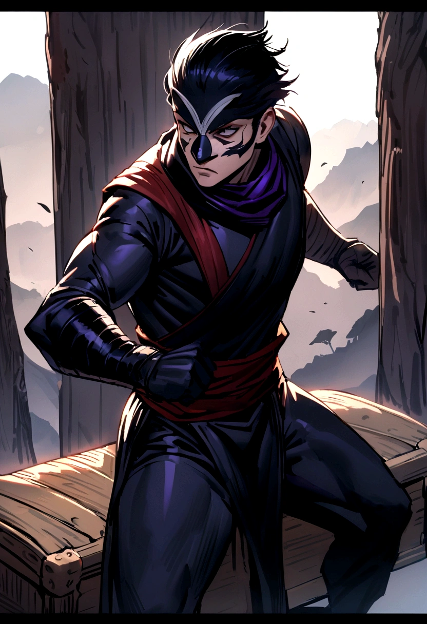 standing alone,trunk,mascle,shaved on the side,deep purple black short hair,thin eyes,mascarado,black ninja outfit,beautiful  face,mascle face,mascle nose,posture of fight