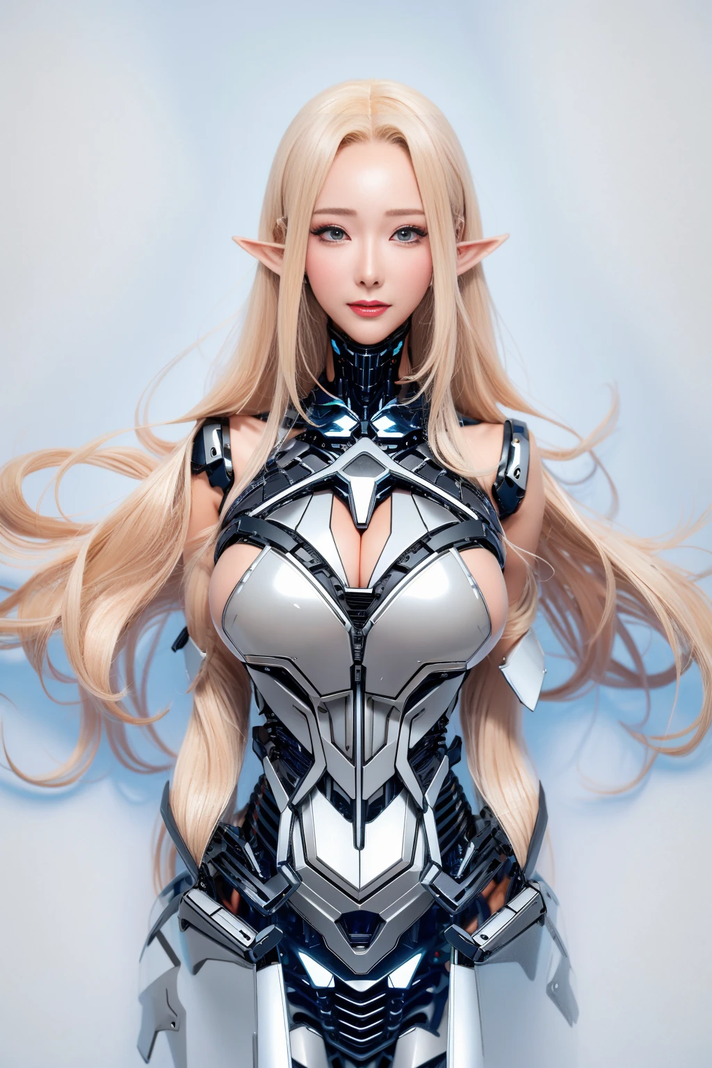 Outstanding，Super Detail, High Detail, high quality, best quality, High resolution，1 female robot，Beautiful female robot,beautiful clear face(Rain waves_haneame：1.5),Mechanical body(Smooth metal surface，armor，Mechanical seams of skin，beautiful body curves)，High-tech mechanical armor(Same color as the picture，Mechanical Technology，Highlight breast contour)