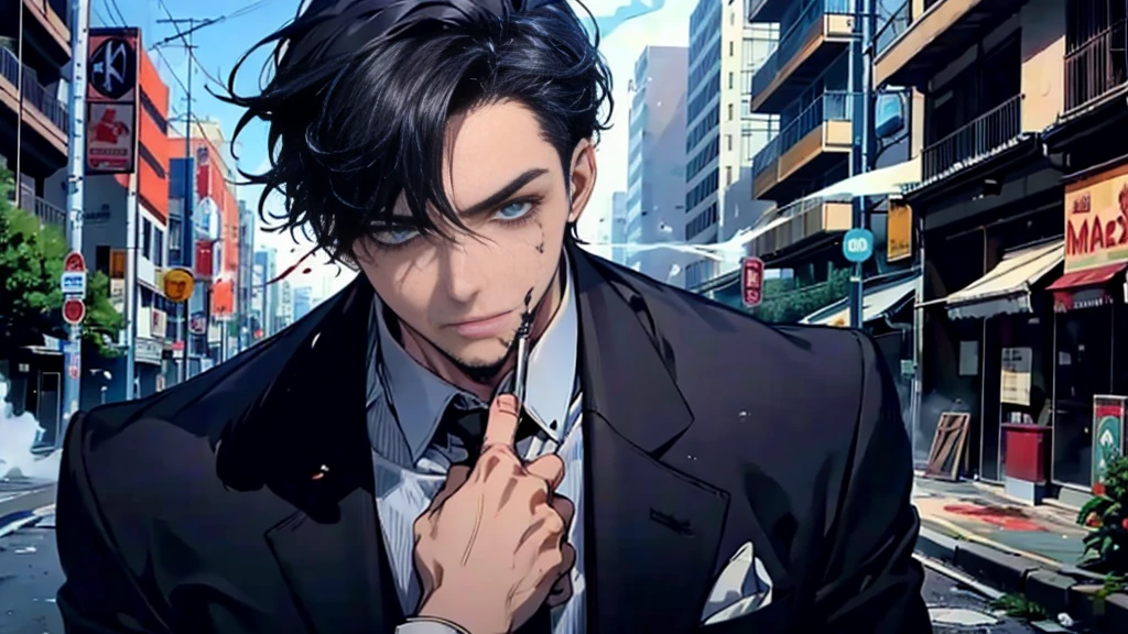 1 boy , black hair , blue eyes , Smoking , bad boy , mafia , wearing a black suit , wound , Masterpiece , best quality , smoke , Blood stains. , Handsomeness , Good skin , nonsense , cool ,