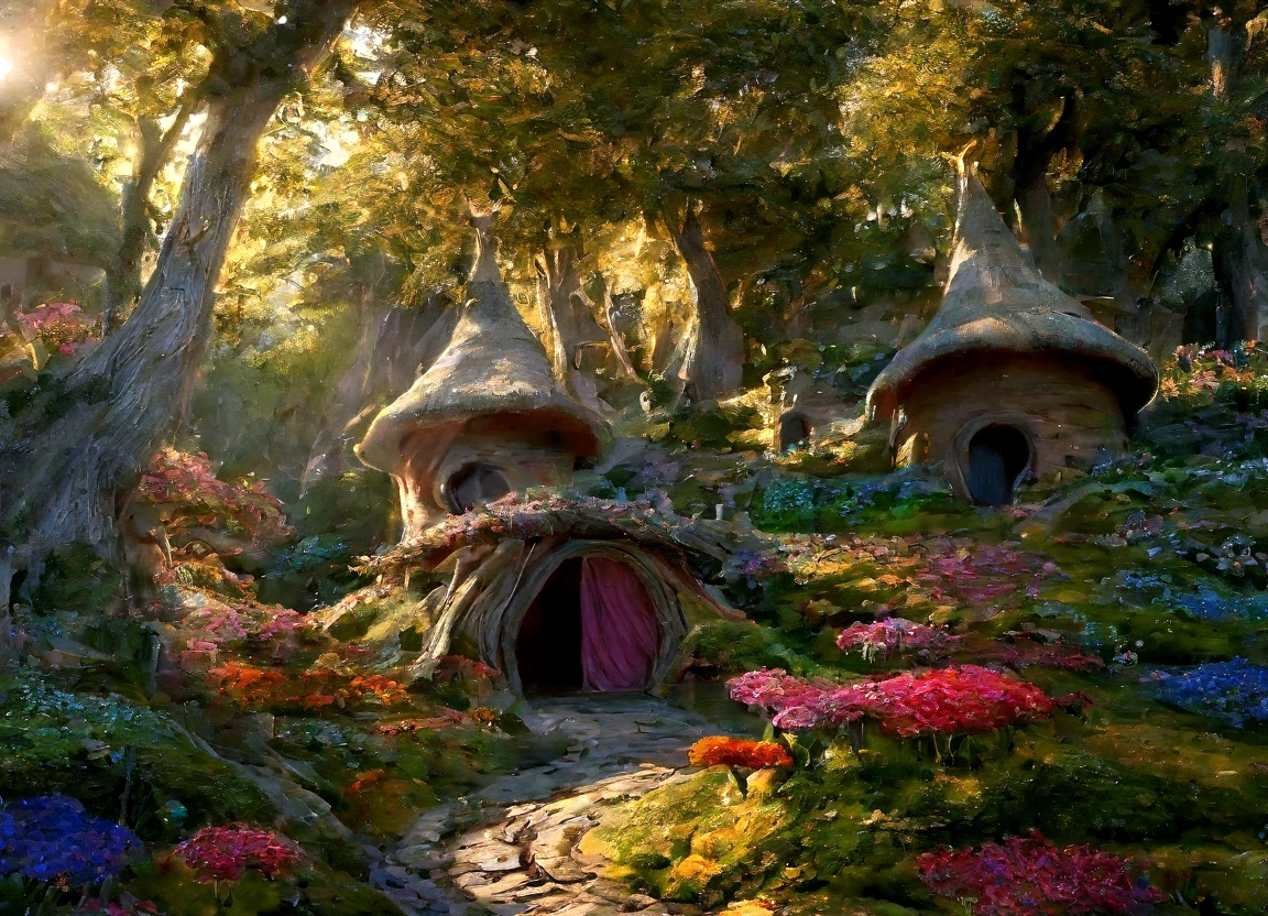 A breathtaking, high-contrast cinematic 8K 3D Disney-style rendering, a panoramic aerial view of a fairy-tale village nestled in a lush forest with (((dozen of dens))). The dens are build in the middle of ancient trees giving then fresh air and shadow. Around the dens, vegetable gardens and gardens full of multicolored flowers and paths lined with grass and multicolored flowers