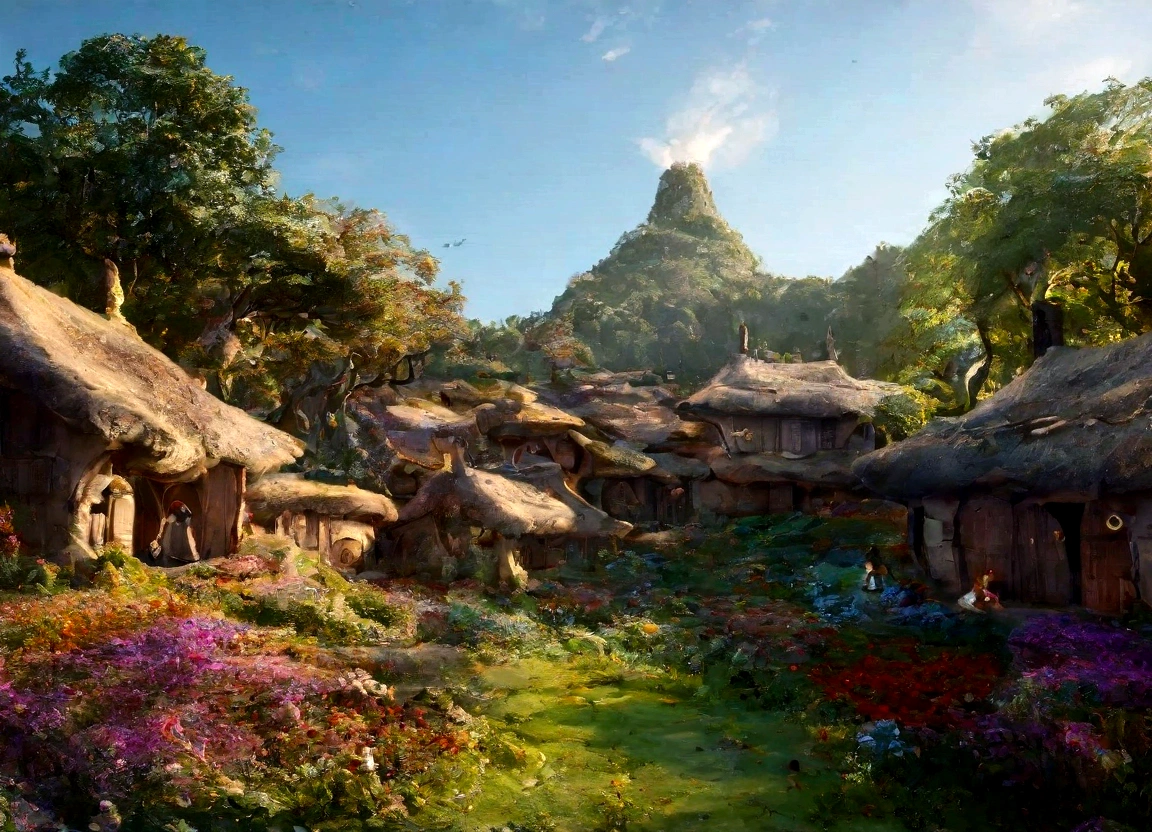 A breathtaking, high-contrast cinematic 8K 3D Disney-style rendering, a panoramic aerial view of a fairy-tale village nestled in a lush forest with (((dozen of dens))). The dens are build in the middle of ancient trees giving then fresh air and shadow. Around the dens, vegetable gardens and gardens full of multicolored flowers and paths lined with grass and multicolored flowers