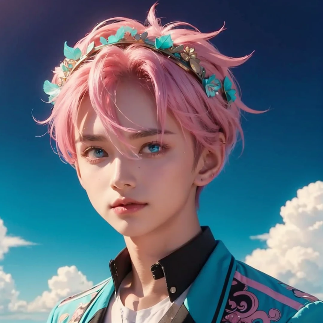 Handsome boy, pink hair, turquoise eyes, wearing turquoise crown, wearing blue jacket with black and pink color