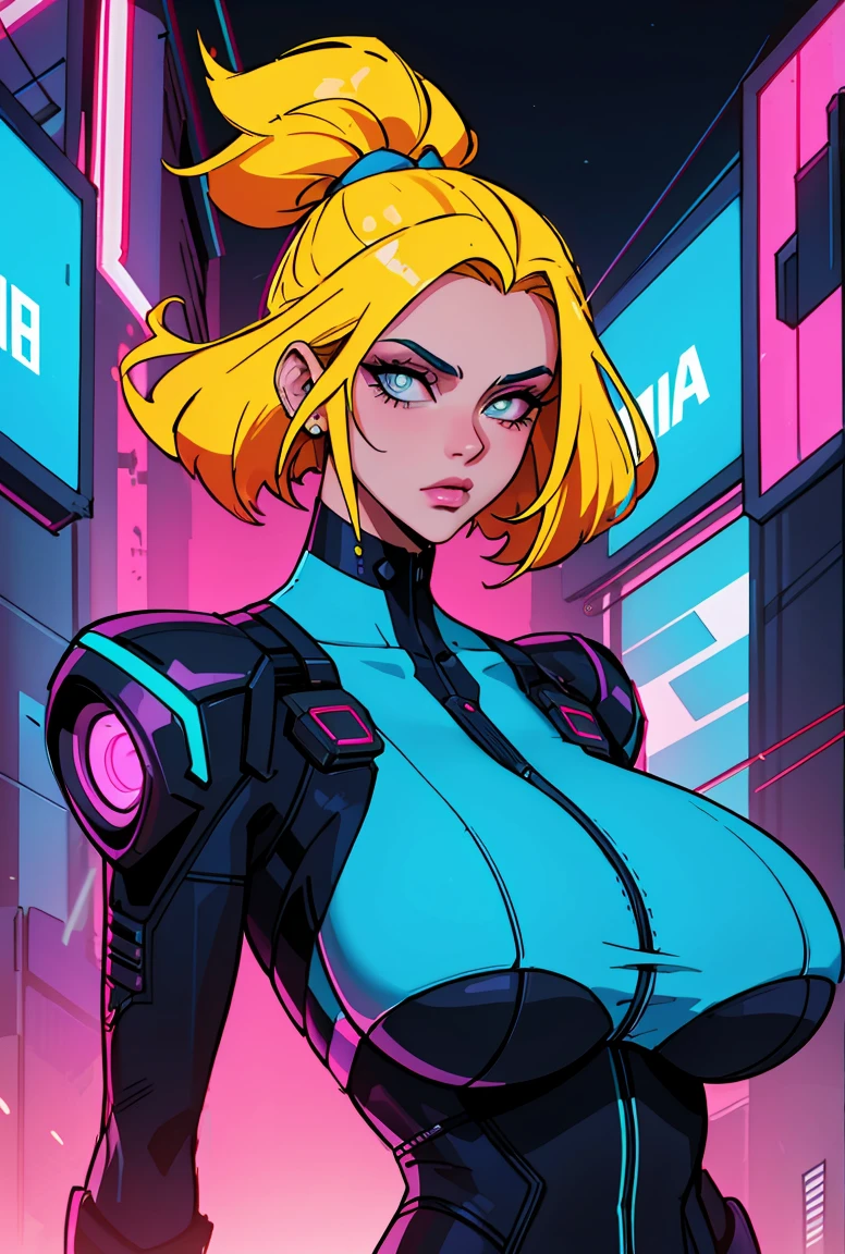a digital painting of a woman with royal blue and yellow hair, cyberpunk art by Josan Gonzalez, behance contest winner, afrofuturism, synthwave, neon, glowing neon, huge breast