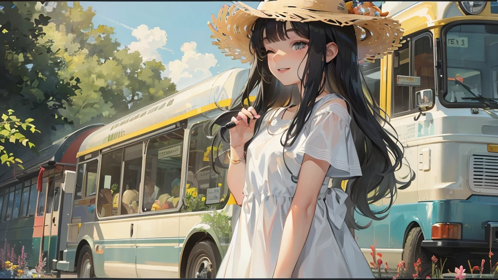 Perfect Anatomy, masterpiece:1.4, Highest quality, 8K, beautiful and detailed growth, Utopian performance, In summer, Standing Solo:1.3 ((Blunt bangs)) (Very cute girl with long black hair, 14 years old, Sexy eyes closed, Cute smile), break, Wearing a long white dress, Straw hat, Midsummer Weather, At a rural bus stop, Open Waterfall.