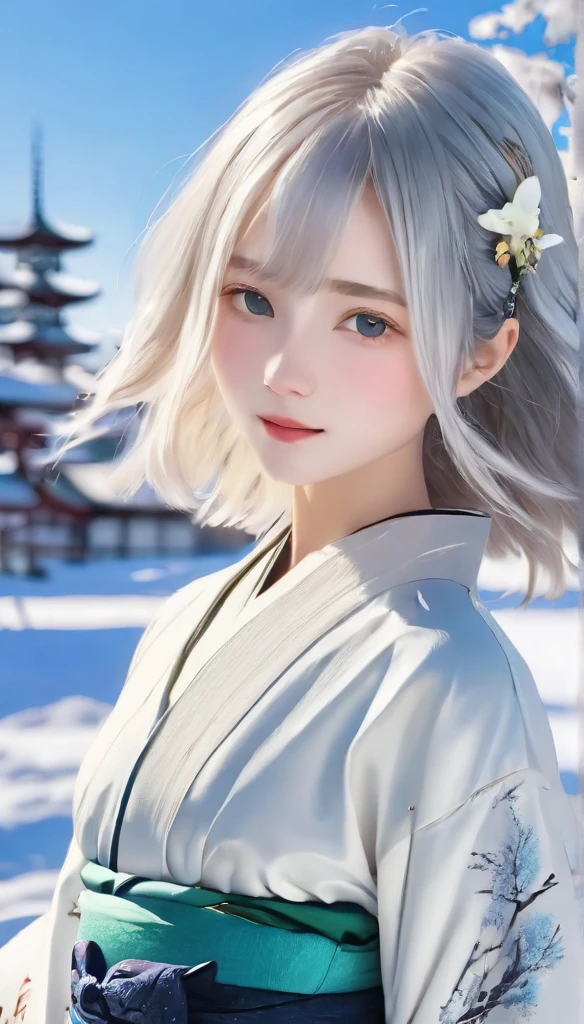 (kimono)、underwear、(highest quality,masterpiece:1.3,超A high resolution,),(Very detailed,Caustics),(Realistic:1.4,RAW shooting,)Ultra-Realistic Capture,Very detailed,High resolution 16K suitable for human skin、 Natural skin texture、、Skin tone is even and healthy looking、 Use natural light and color,One Woman,Japanese,,cute,Beautiful silky silver hair,Medium Hair,(Written boundary depth、chromatic aberration、Wide lighting range、Natural Shading、)、(Hair swaying in the wind:1.3)、(Snow reflects light:1.3),
