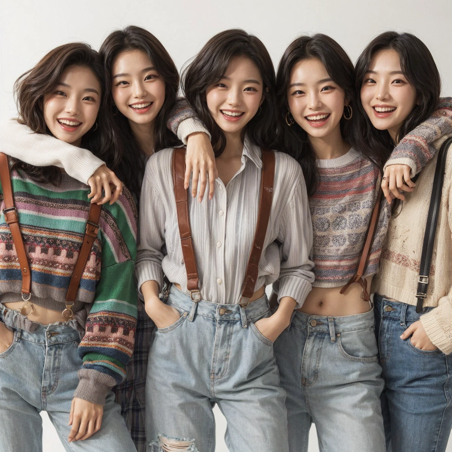 Create a scene featuring a group of five young korean woman enjoying a joyful moment together. They are all standing close, with arms around each other’s shoulders, smiling. The friends are dressed casually in trendy, youthful attire that reflects their individual styles, including a mix of patterned shirts, sweaters, suspenders, and jackets. adding to the relaxed and happy atmospher, Emphasize the sense of camaraderie and the fun they are having together.