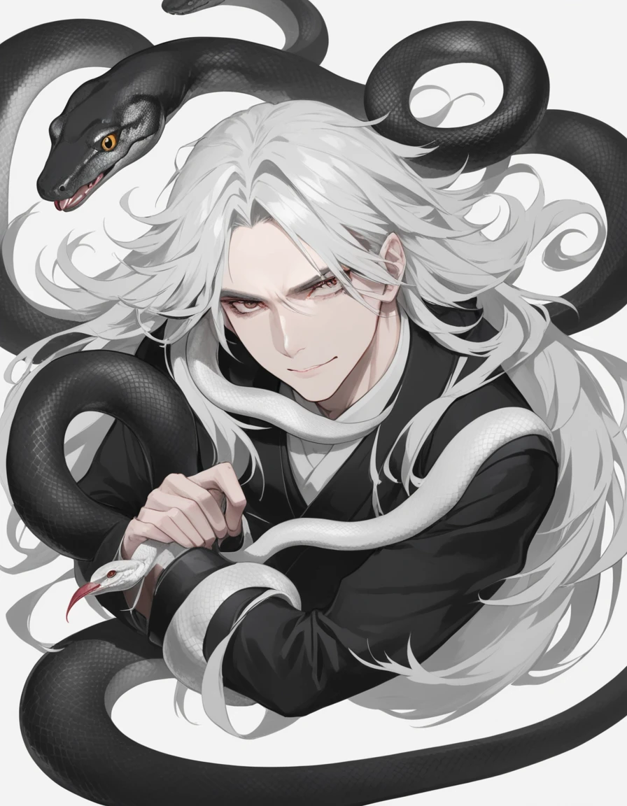 A man with long white hair hovering over two black and white snakes.