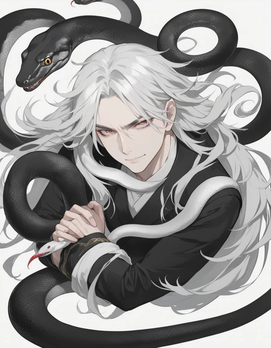 A man with long white hair hovering over two black and white snakes.