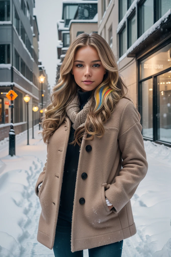 professional portrait photograph of a gorgeous Norwegian girl in winter clothing with long wavy blonde hair, sultry flirty look, gorgeous symmetrical face, cute natural makeup, wearing elegant warm winter fashion clothing, ((standing outside in snowy city street)), stunning modern urban environment, ultra realistic, concept art, elegant, highly detailed, intricate, sharp focus, depth of field, f/1. 8, 85mm, medium shot, mid shot, (((professionally color graded))), bright soft diffused light, (volumetric fog), trending on instagram, hdr 4k, 8k