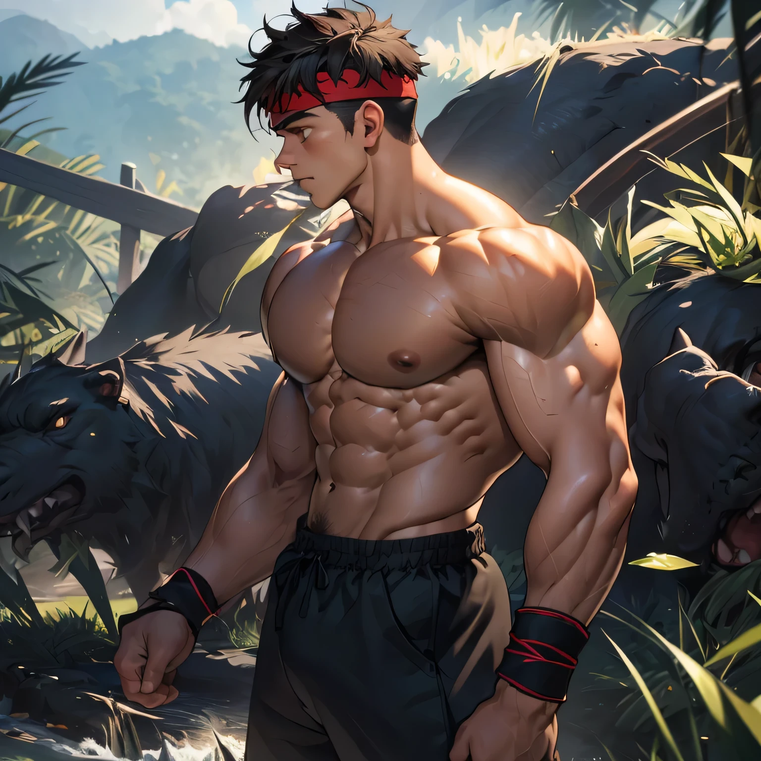 (Masterpiece, Best quality 17 year old boy, night background), ((((solo)))), Young, boy, muscler, Shirtless, (Dark Short straight hair, short bangs, ((almost completely shaved hair)), under cut, brown eyes), (red headband, ((fingerless grobe, black wristband))), ((hot Abs:1.2, big breast:1.2, upper arms, ((beautiful skin, jacked muscle, beautiful musculature, aesthetic striations, inspirational physique, lean muscle, beautiful v-taper, great abs and torso, chiseled abs, chiseled pecs)))), Vivid colors, detailed face, detailed muscle, (((rippling muscles, struggle, combats pose, fighting pose, serious, battle pose, martial arts stance, ready to fight, in fight of huge fat monster, side view)))