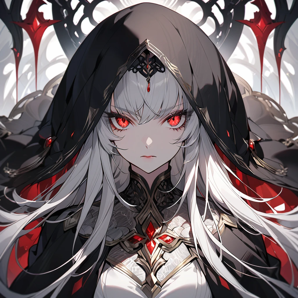 A very gorgeous lady with crimson dull eyes, with a very long white hair and so as her eyelashes with a serious arrogant look, wearing a white dress with a black cloak.