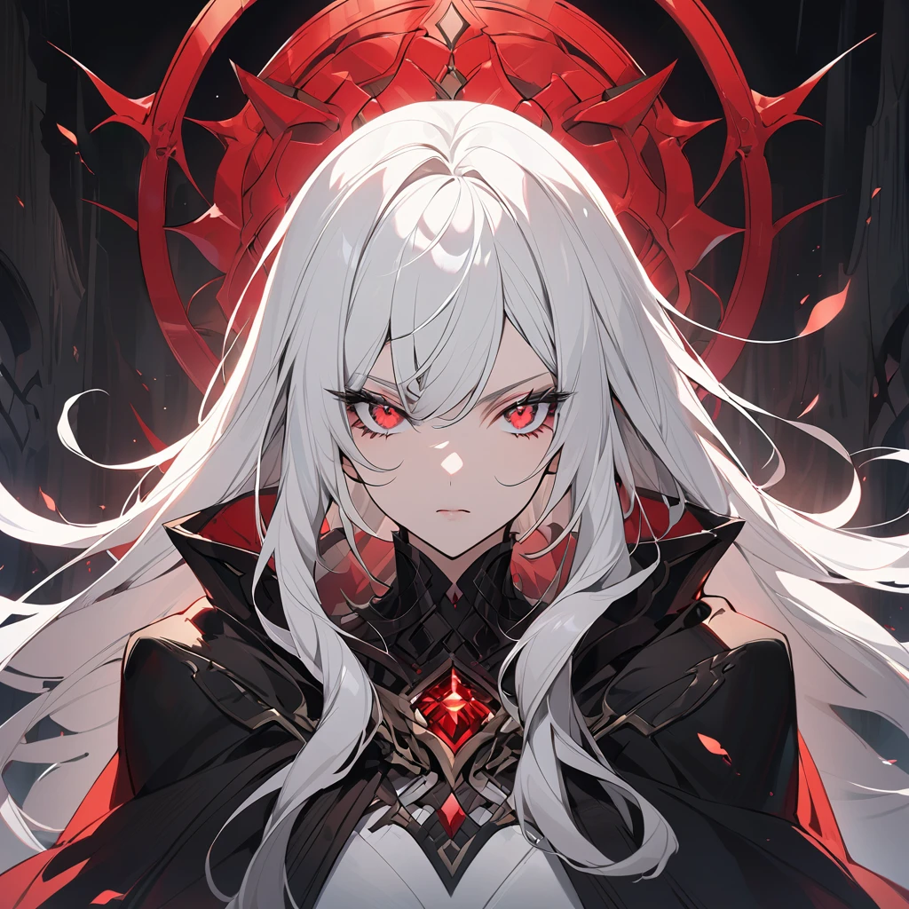 A very gorgeous lady with crimson dull eyes, with a very long white hair and so as her eyelashes with a serious arrogant look, wearing a white dress with a black cloak.