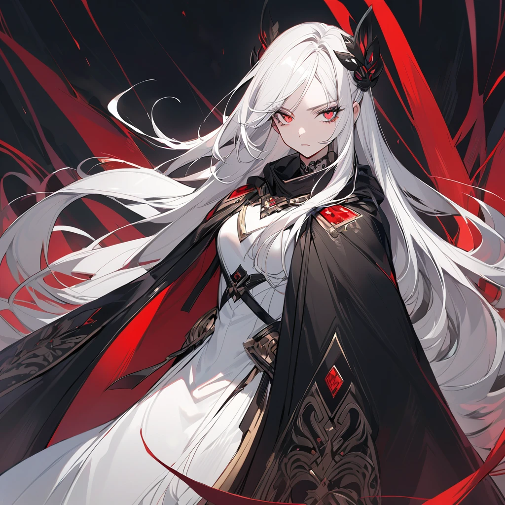 A very gorgeous lady with crimson dull eyes, with a very long white hair and so as her eyelashes with a serious arrogant look, wearing a white dress with a black cloak.