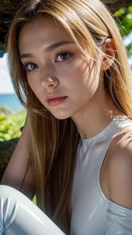 Strong light, Strong contrast, In an open-roofed cave、Sunlight shines through green moss and ferns。, And open( Ocean View:1.1) end, Cel-shaded rendering, 4K, 360 degrees, Equirectangular projection, what, One Girl, 30-year-old woman、Beautiful woman、Long blonde hair、White Latex Leotard、White long boots、White arm cover、masterpiece, 最high quality, high quality, High resolution, (((Face close-up)))