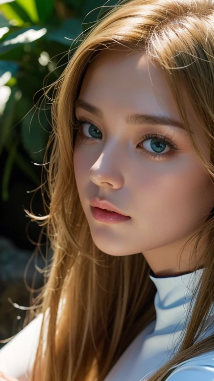 Strong light, Strong contrast, In an open-roofed cave、Sunlight shines through green moss and ferns。, And open( Ocean View:1.1) end, Cel-shaded rendering, 4K, 360 degrees, Equirectangular projection, what, One Girl, 30-year-old woman、Beautiful woman、Long blonde hair、White Latex Leotard、White long boots、White arm cover、masterpiece, 最high quality, high quality, High resolution, (((Face close-up)))