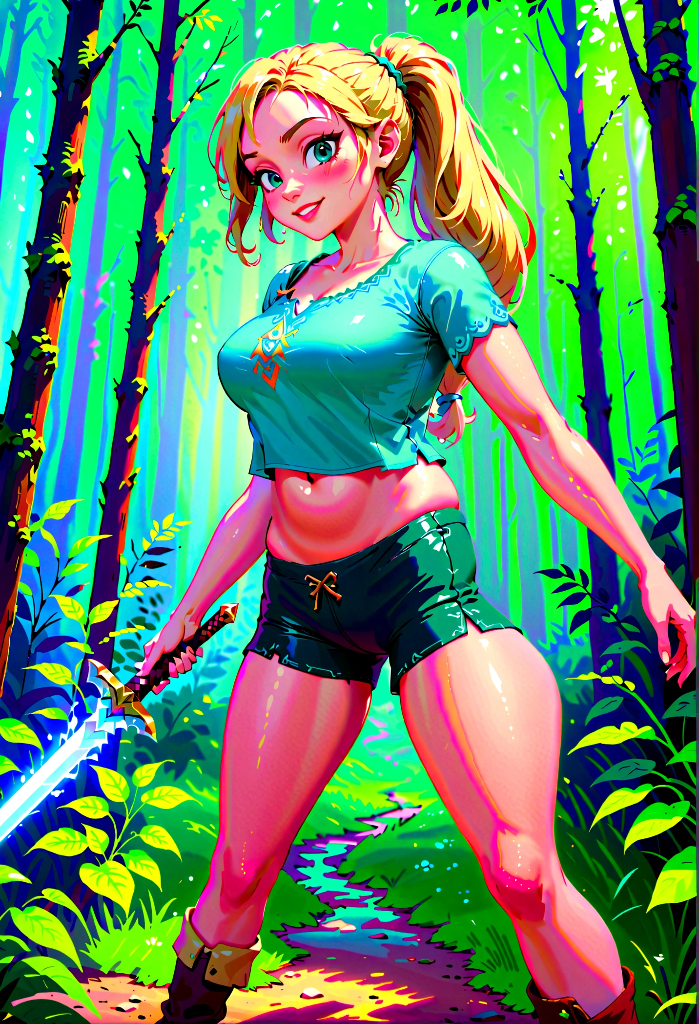 In a captivating scene, a timeless beauty emerges, embodying the legendary Milf style of the beloved game, The Legend of Zelda. Her raven hair cascades down to her waist, framing her captivating face, adorned with a subtle blush and bright, enchanting eyes. Her iconic green garb is intricately detailed, accentuating her perfect figure with medium breasts and perfect hands. The background is a lush, enchanted forest, with the soft glow of an evening sun casting a warm hue over the scene. The image is enhanced with a radiant aura, symbolizing her powerful and enchanting presence in this anime-inspired