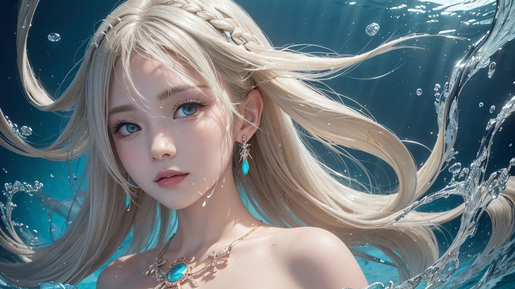 (Highest Quality Realistic Textured Skin),(terrible),(OK, round, Symmetrical eyes),Delicate facial features,(Burning bright cold eyes),(She has a mischievous smile),(Her face is kind and beautiful),Glass earrings in the ears,,(blonde),(Silvery white hair),(Chestnut Hair),(Swim at the bottom of the ocean),(Full body portrait:1.5),(Dramatic Photos:1.4),(Dramatic Pose),(Flashy photos)(look up),(Looking down),(Around her neck is a simple necklace made with exquisite craftsmanship.),Cluttered photos,(Hair flowing in water:1.5),(Underwater, Life at sea, 美しいCoral Reef, fish),(Background vortices and currents),(Dramatic Light),(Nice views),(美しいfishに囲まれて),遠くの背景にはCoral Reefに沈んだ寺院が見える,Coral Reef,Spectacular realism,Cinematic atmosphere,(High-density image review:1.5),(Soft colors:1.2),Very detailed,Dramatic Light,(Intricate details:1.1),Complex background,