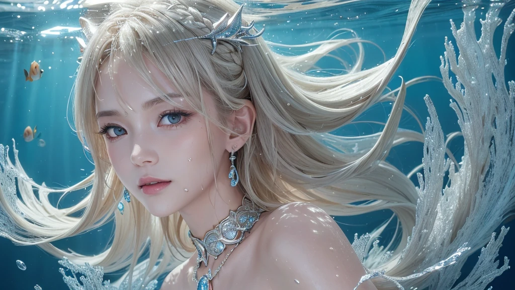 (Highest Quality Realistic Textured Skin),(terrible),(OK, round, Symmetrical eyes),Delicate facial features,(Burning bright cold eyes),(She has a mischievous smile),(Her face is kind and beautiful),Glass earrings in the ears,,(blonde),(Silvery white hair),(Chestnut Hair),(Swim at the bottom of the ocean),(Full body portrait:1.5),(Dramatic Photos:1.4),(Dramatic Pose),(Flashy photos)(look up),(Looking down),(Around her neck is a simple necklace made with exquisite craftsmanship.),Cluttered photos,(Hair flowing in water:1.5),(Underwater, Life at sea, 美しいCoral Reef, fish),(Background vortices and currents),(Dramatic Light),(Nice views),(美しいfishに囲まれて),遠くの背景にはCoral Reefに沈んだ寺院が見える,Coral Reef,Spectacular realism,Cinematic atmosphere,(High-density image review:1.5),(Soft colors:1.2),Very detailed,Dramatic Light,(Intricate details:1.1),Complex background,