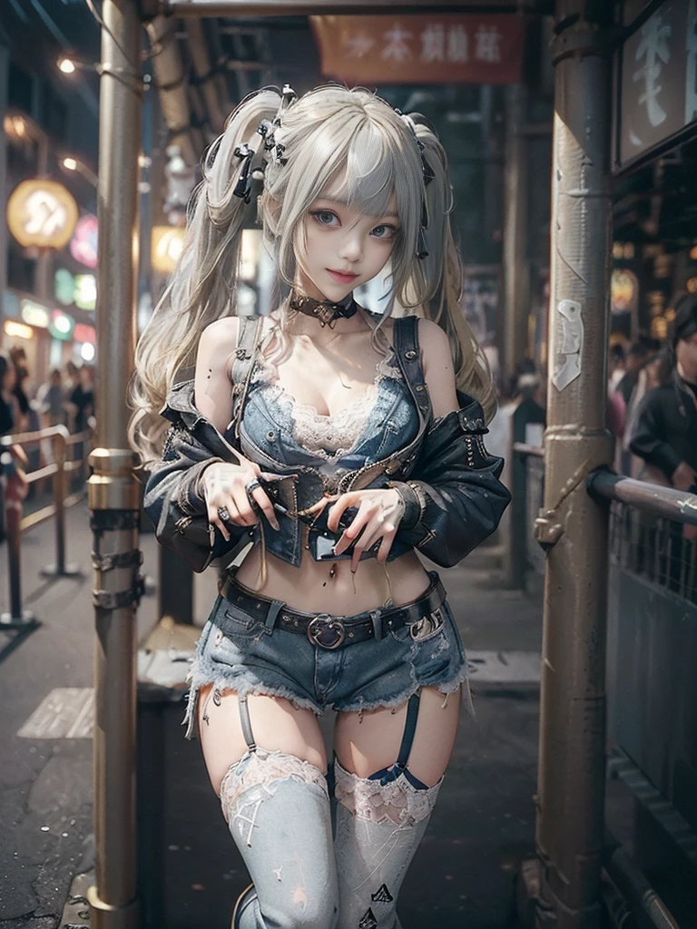 (Full Body View:1.4)、(Full body:1.3)、(Smiling with teeth showing:1.3),(Shibuya Gal:1.5)、(Beautiful:1.4)、(gothic fashion:1.5)、(Punk RockVisual Kei:1.3)、(Futuristic baby doll in black, white and denim:1.5)、(A delicate beige and navy jacket:1.5)、(Denim garter belt:1.5)、(Denim and black and white bodysuit:1.4)、(Heart-shaped silver accessories:1.5)、(Brown Skin Belt:1.4)、(Blue High Heels:1.4)、(Lace patterned underwear:1.4)、20-year-old、NSFW,((Highest quality、In 8K、masterpiece:1.3))、Sharp focus:1.2、(Layered Cut、Beautiful boobs:1.1),Beautiful woman with perfect figure:1.4、(Doing an aerobics pose:1.3)、Slender Abs:1.2、Butt、Highly detailed face and skin texture、Detailed eyes、double eyelid,(Twin tails:1.3)、(Light gold colored hair:1.3)、Obscene、Gravure idol、(Luxurious amusement park at night:1.3)、(Make your legs thinner:1.4)、(Thin thighs:1.4)、(Slim body:1.3)、(clavicle:1.1)