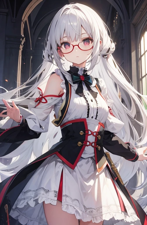 Super delicate white-haired cute girl 1 girl, Small Breasts, Long hair, curls, Red Eye, Wearing glasses , Looking at the audience,