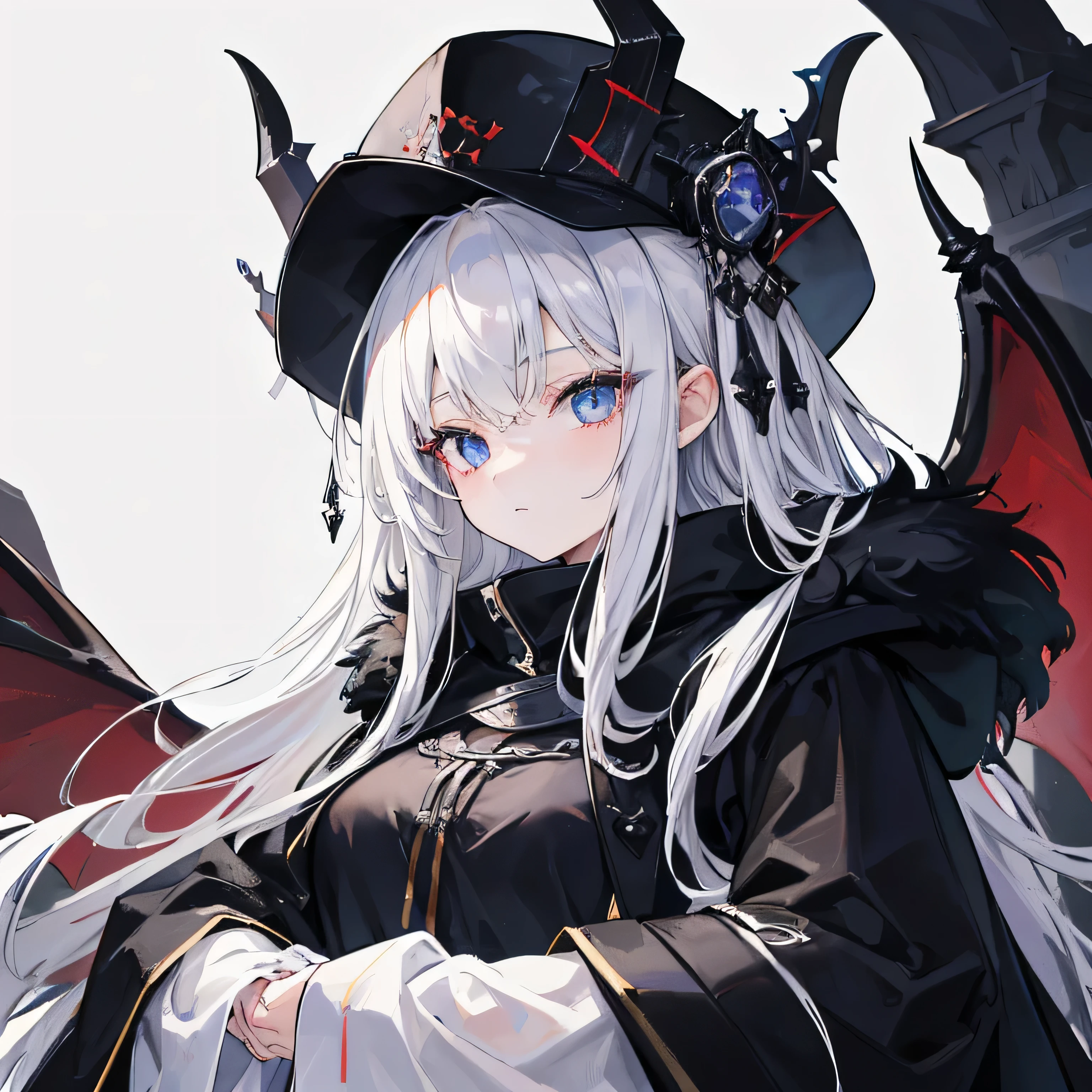 8K resolution、((Highest quality))、((masterpiece))、((Super detailed))、only、One young girl、solo、Unbelievably absurd、Worn black fur clothing、long white hair、Light-colored eyes、1 woman、devil、Demon King、Fantasy、hat、Medieval town、Oversized hoodie