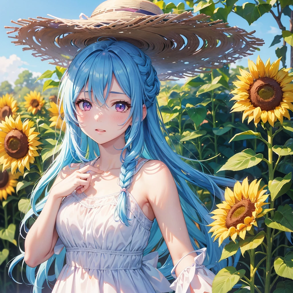 Sky blue hair, Braided Ponytail,(Pink Eyes),Fair skin ,(whole body),(One girl),summer,Sunflower field,White dress,Straight bangs,Wiping away sweat,Wink,Straw hat,(masterpiece, Highest quality, Very detailed, Best Shadow), (Detailed Background), (Beautifully detailed face), High Contrast, (Best lighting, Very delicate and beautiful), ((Cinematic Light)), colorful, Hyper Detail, Dramatic Light, Intricate details,summerの暑い日差し,
