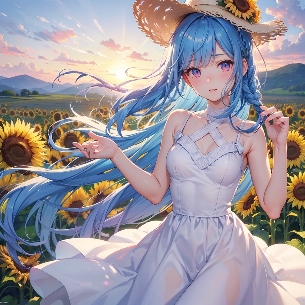 Sky blue hair, Braided Ponytail,(Pink Eyes),Fair skin ,(whole body),(One girl),summer,Sunflower field,White dress,Straight bangs,Wiping away sweat,Wink,Straw hat,(masterpiece, Highest quality, Very detailed, Best Shadow), (Detailed Background), (Beautifully detailed face), High Contrast, (Best lighting, Very delicate and beautiful), ((Cinematic Light)), colorful, Hyper Detail, Dramatic Light, Intricate details,summerの暑い日差し,