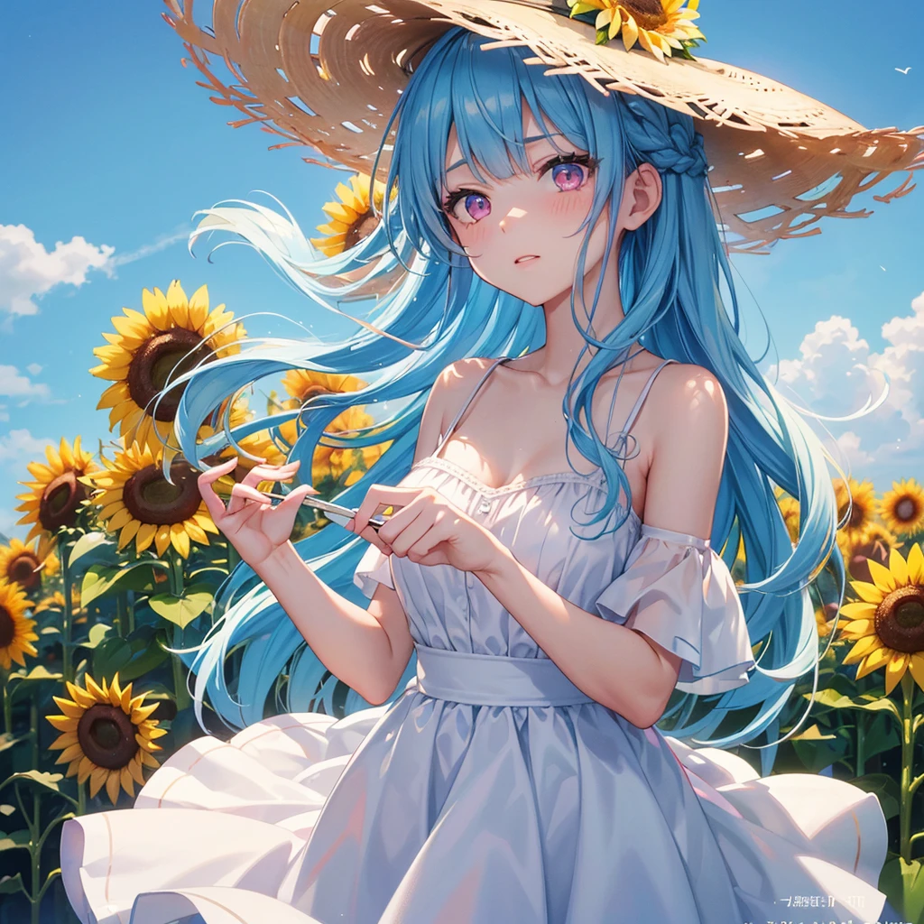 Sky blue hair, Braided Ponytail,(Pink Eyes),Fair skin ,(whole body),(One girl),summer,Sunflower field,White dress,Straight bangs,Wiping away sweat,Wink,Straw hat,(masterpiece, Highest quality, Very detailed, Best Shadow), (Detailed Background), (Beautifully detailed face), High Contrast, (Best lighting, Very delicate and beautiful), ((Cinematic Light)), colorful, Hyper Detail, Dramatic Light, Intricate details,summerの暑い日差し,