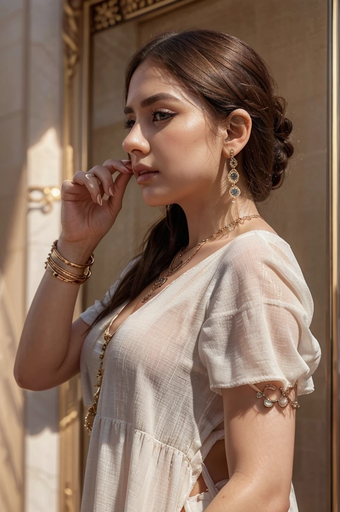 Expensive Detail Necklace, , Detailed Background, Beautiful girl(Luxury Bracelets), (Luxury Rings), (plush necklace), (plush necklace), (4 fingers in 1 hand), white skin, full body image, nice makeup, realistic cg, 8k, sharp eyes, (((from the side))), (SFW), oval face, look viewer