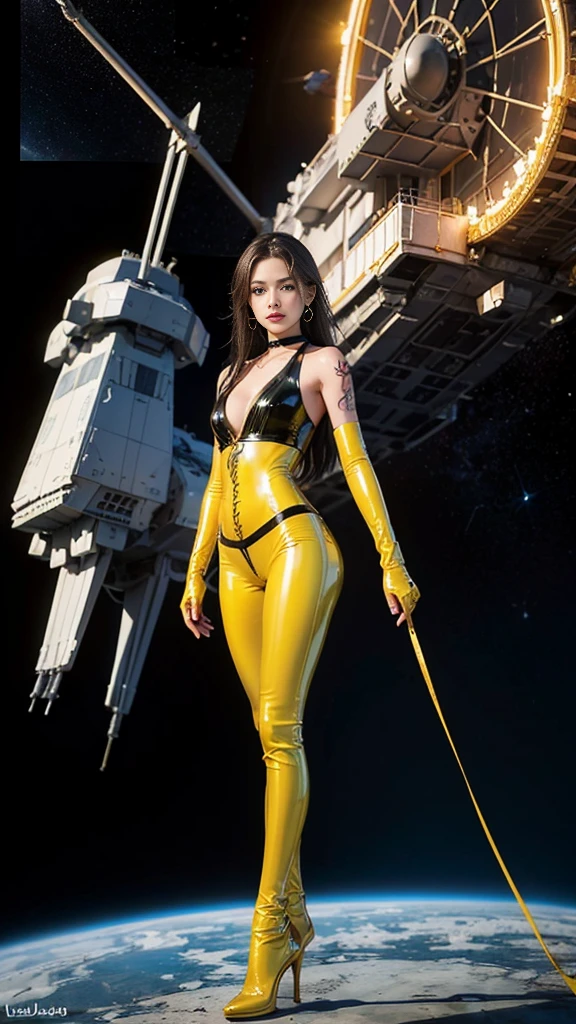 ((masterpiece:1.4)、(Highest quality:1.4)、(Realistic:1.7))、Masterpiece:1.4、(Top-notch rendering:1.4)、(Yuki, the beautiful navigator of the Space Battleship Hikari:1.4)、Super Beauty航海士Yuki、(By Luis Royo:1.4)、(A uniform that accentuates your beautiful figure:1.2)、(Futuristic sci-fi battle fashion:1.2)、(Street Style Wear)、(Tight Fit Pants)、(Shiny luxury latex:1.4)、(Luxury yellow latex:1.4)、19 years old、(Cute Tattoos:1.4)、(Wearing yellow gloves)、Cute Girl、Super Beauty、(Seductive pose)、Sharp Focus、Portrait Photography:1.4、8K、Photorealistic images:1.4、(Perfect female body:1.4)、Perfect proportions、(Standing:1.4)、(Upper body shot:1.4)、Beautiful Face、Fearless look、Beautiful Eyes、(A girl with a beautiful body and slender abdominal muscles)、(Narrow waist:1.4)、(9-body proportions beautiful girl:1.4)、(A beautiful girl with long legs and a good figure:1.4)、Beautiful feet:1.2、(Long Hair:1.2)、Heavy makeup、Eyeshadow、Glow Eye、Glow Lip、Beautiful breasts、Large Breasts:1.2、sexy ass、(Standing facing forward:1.4)、Raw photo、Red lips、Yellow high heels:1.4、choker:1.4、necklace:1.4、Earrings:1.4、1 Screen Display:1.4、Space Battleship Hikari's bridge:1.2