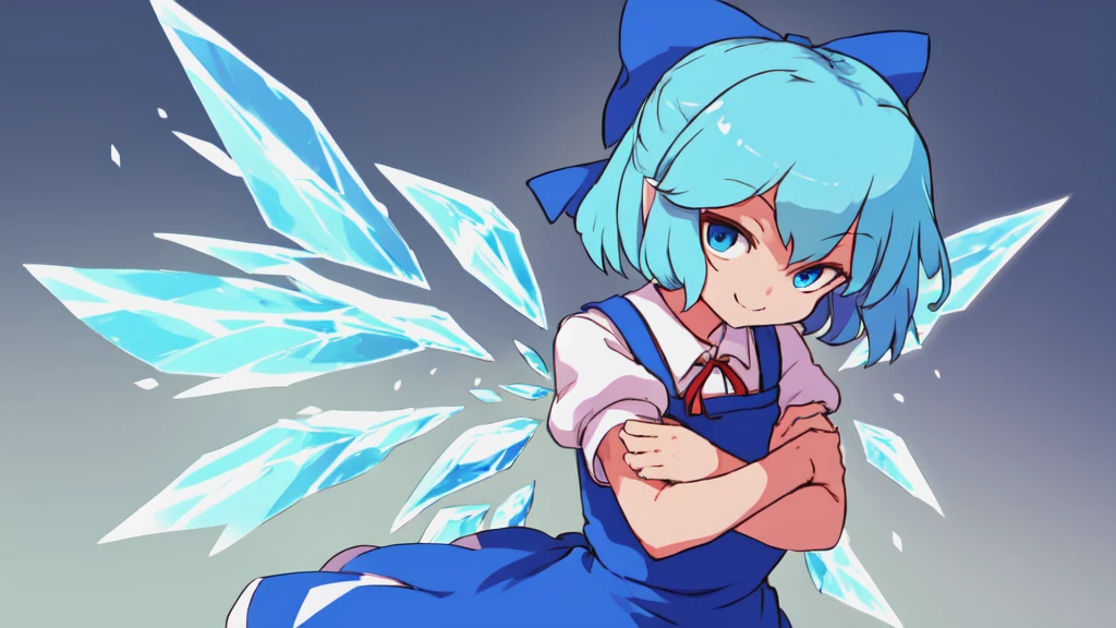 cirno, blue hair, hair bow, blue eyes, ice wings, pinafore dress, blue bow, self hug, crossed arms, light smile, masterpiece, best quality 