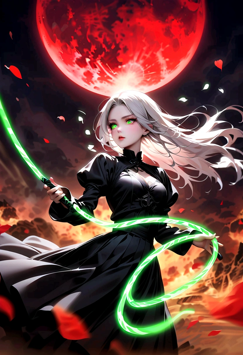 Japanese Anime:1 Girl, Beautiful and delicate eyes, Heterochromia,Beautiful and delicate lips, Extremely detailed eyes and face, Long eyelashes, Elegant Posture, White long hair, Black pleated skirt, (((Glowing Green Whip:1.9, Motion Blur, Petals in the air,))) Blurred foreground, Focus on the face, Japanese Anime艺术风格, Powerful energy, Dynamic Action, Red Moon, dark purple tones,