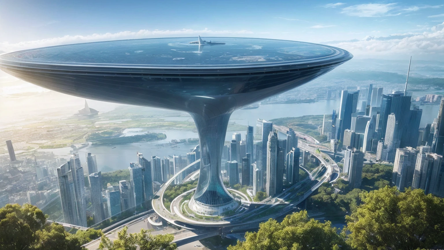 (Best quality,4K,8K,A high resolution,Masterpiece:1.2),Ultra-detailed,(Realistic,Photorealistic,photo-realistic:1.37),Futuristic floating city,Futuristic technology,Huge urban high-tech tablet platform,Airship,Floating in the sky,Futuristic city,Small airships around,High-tech hemispherical platform,Colorful lights,Advanced architecture,modernn architecture,skyscrapper,Access the cloud,Scenic beauty,view over city,Impressive design,Blend seamlessly with nature,energetic and vibrant atmosphere,Futuristic transportation system,Parking is suspended,Transparent path,Lush greenery,Sky gardens,cascading waterfalls,Magnificent skyline,reflections on the water,Sparkling river,Architectural innovation,futuristic skyscrapers,Transparent dome,The shape of the building is unusual,Elevated walkway,Impressive skyline,Glowing lights,Futuristic technology,Minimalist design,Scenic spots,Panoramic view,Cloud Piercing Tower,Vibrant colors,epic sunrise,epic sunset,Dazzling light display,magical ambiance,The future city,Urban Utopia,LuxuryLifestyle,Innovative energy,sustainable development,Smart city technology,Advanced infrastructure,Tranquil atmosphere,Nature and technology live in harmony,Awesome cityscape,Unprecedented urban planning,Architecture connects seamlessly with nature,High-tech metropolis,A cutting-edge engineering marvel,The future of urban living,Visionary architectural concept,Energy-efficient buildings,Harmony with the environment,A city floating above the clouds,Utopian dreams become reality,The possibilities are endless,State-of-the-art transportation network,Green energy integration,Innovative materials,Impressive holographic display,Advanced communication system,Breathtaking aerial view,Quiet and peaceful environment,Modernist aesthetics,Ethereal beauty