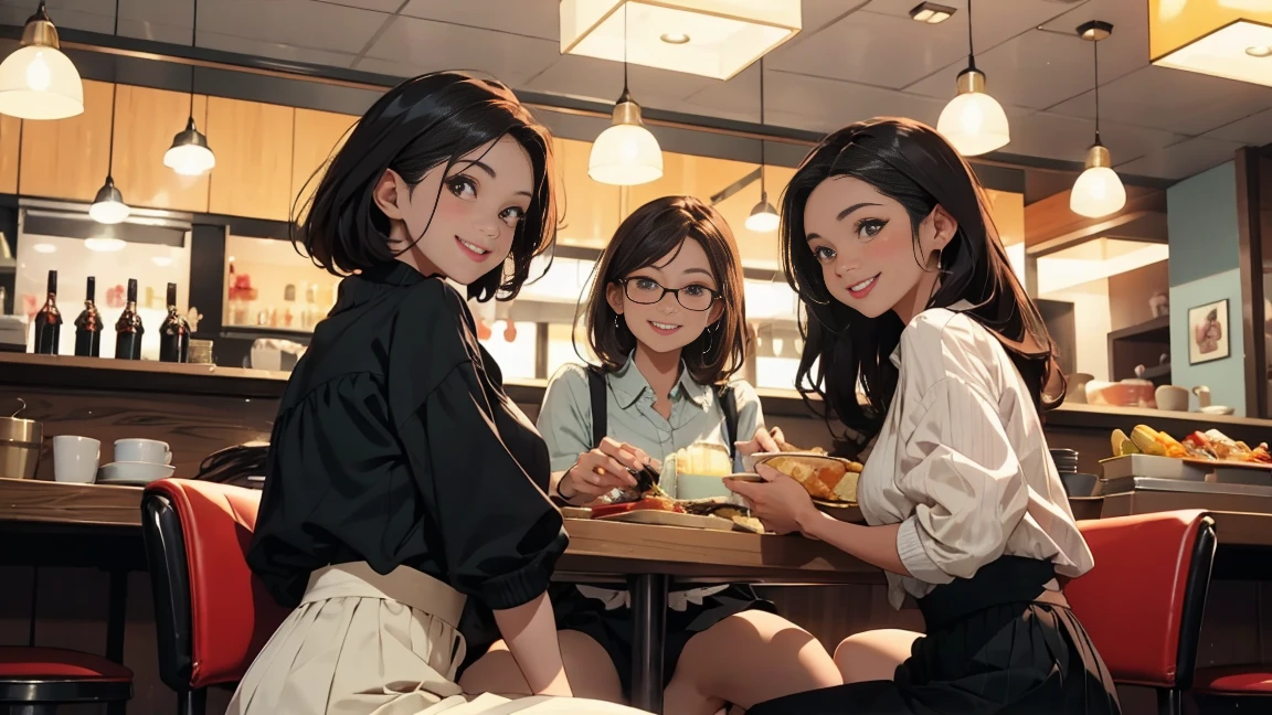 Three women eating in a retro restaurant, smiling happily, wearing long skirts, modest clothing, popular clothing for women,