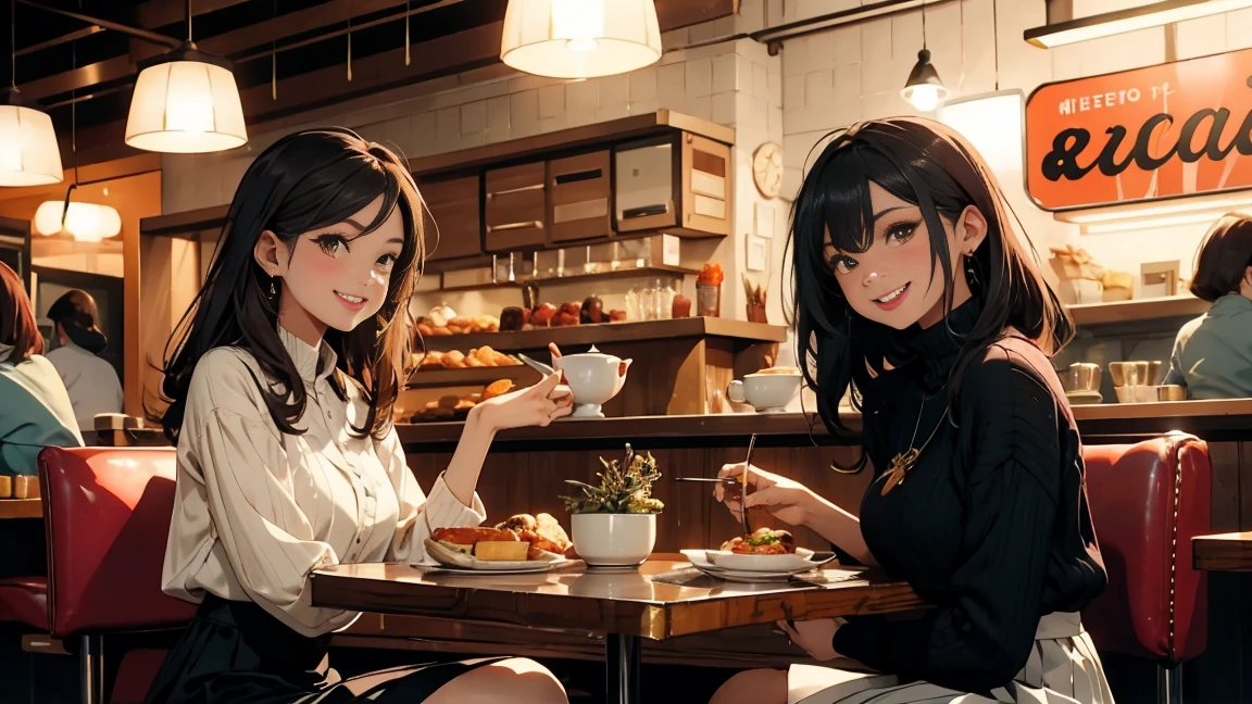 Three women eating in a retro restaurant, smiling happily, wearing long skirts, modest clothing, popular clothing for women,