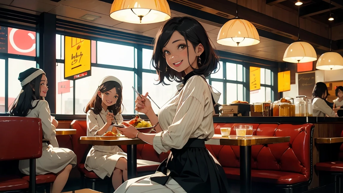 Three women eating in a retro restaurant, smiling happily, wearing long skirts, modest clothing, popular clothing for women,