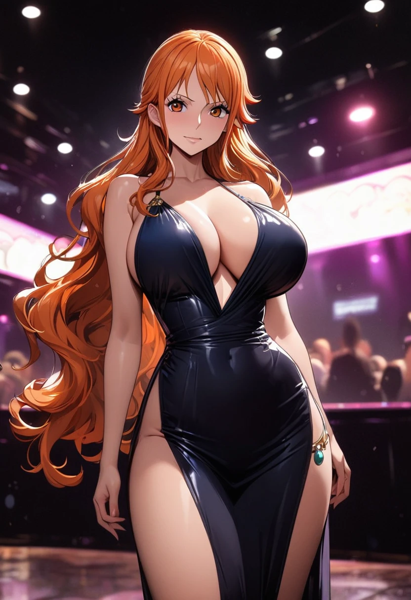 masterpiece, best quality), intricate details, 1 girl, woman, orange hair, nami \ (one piece\), (long hair), clothes, wearing evening dress, luxury nightclub, scenery, ((front view)) ((close up shot)) ((solo)), detailed, very high resolution, no blurry image, full body, orange eyes, sligh wavy hair, ((nami from one piece)) ((female nami from one piece)), (huge breasts)