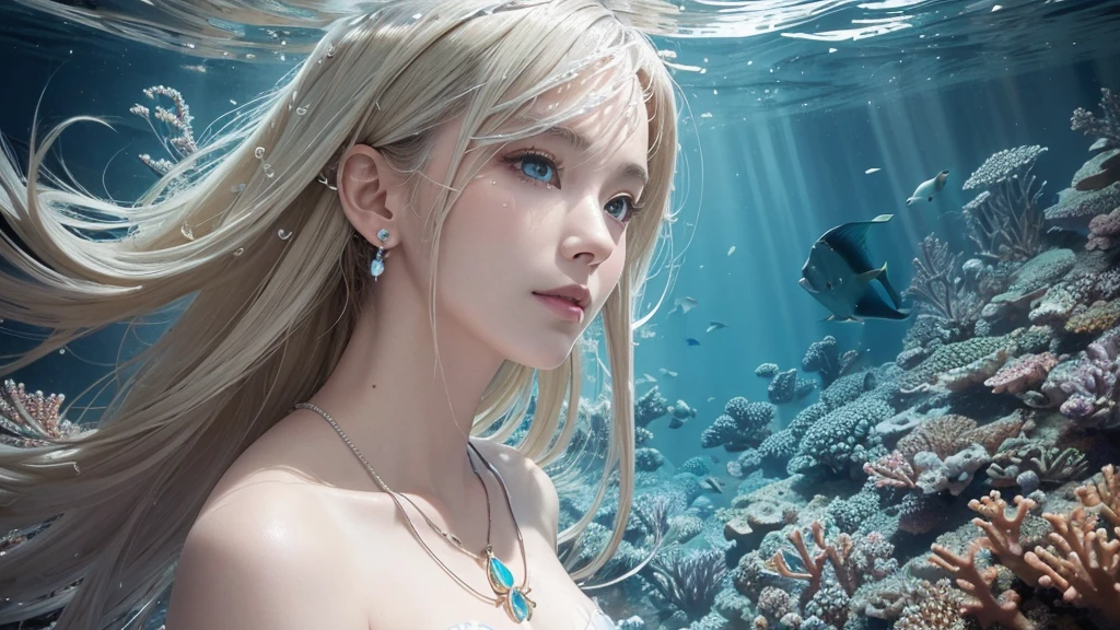 (Highest Quality Realistic Textured Skin),(terrible),(OK, round, Symmetrical eyes),Delicate facial features,(Burning bright cold eyes),(She has a mischievous smile),(Her face is kind and beautiful),Glass earrings in the ears,,(blonde),(Silvery white hair),(Chestnut Hair),(Swim at the bottom of the ocean),(Full body portrait:1.5),(Dramatic Photos:1.4),(Dramatic Pose),(Flashy photos)(look up),(Looking down),(Around her neck is a simple necklace made with exquisite craftsmanship.),Cluttered photos,(Hair flowing in water:1.5),(Underwater, Life at sea, 美しいCoral Reef, fish),(Background vortices and currents),(Dramatic Light),(Nice views),(美しいfishに囲まれて),遠くの背景にはCoral Reefに沈んだ寺院が見える,Coral Reef,Spectacular realism,Cinematic atmosphere,(High-density image review:1.5),(Soft colors:1.2),Very detailed,Dramatic Light,(Intricate details:1.1),Complex background,