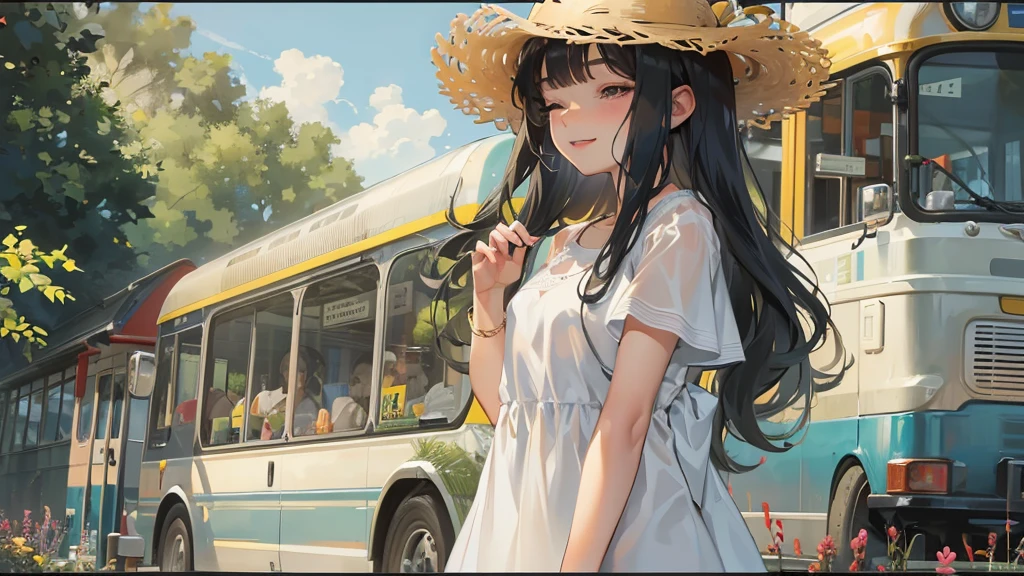 Perfect Anatomy, masterpiece:1.4, Highest quality, 8K, beautiful and detailed growth, Utopian performance, In summer, Standing Solo:1.3 ((Blunt bangs)) (Very cute girl with long black hair, , Sexy eyes closed, Cute smile), break, Wearing a long white dress, Straw hat, Midsummer Weather, At a rural bus stop, Open Waterfall.