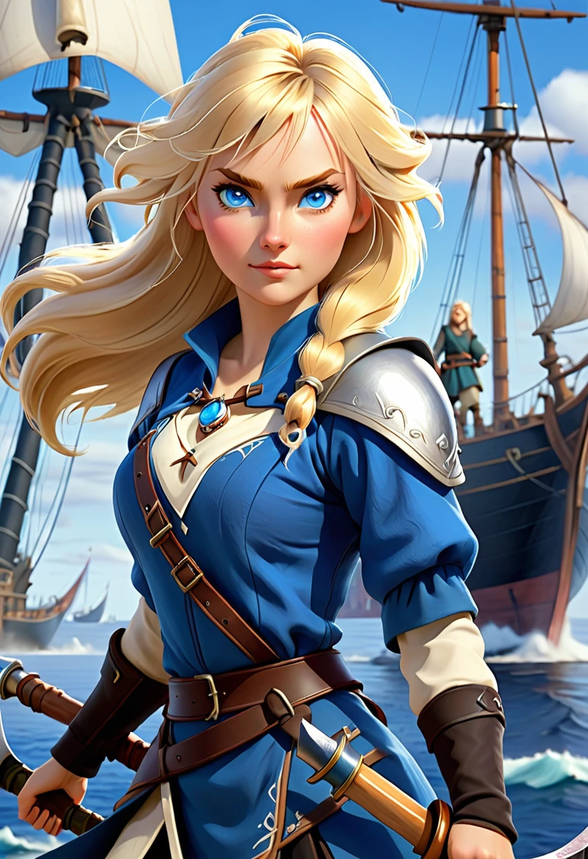 a human female mage nordic women. with a short axe. she has blonde hair and blue eyes. in the background we see a harbor with sail-ships.