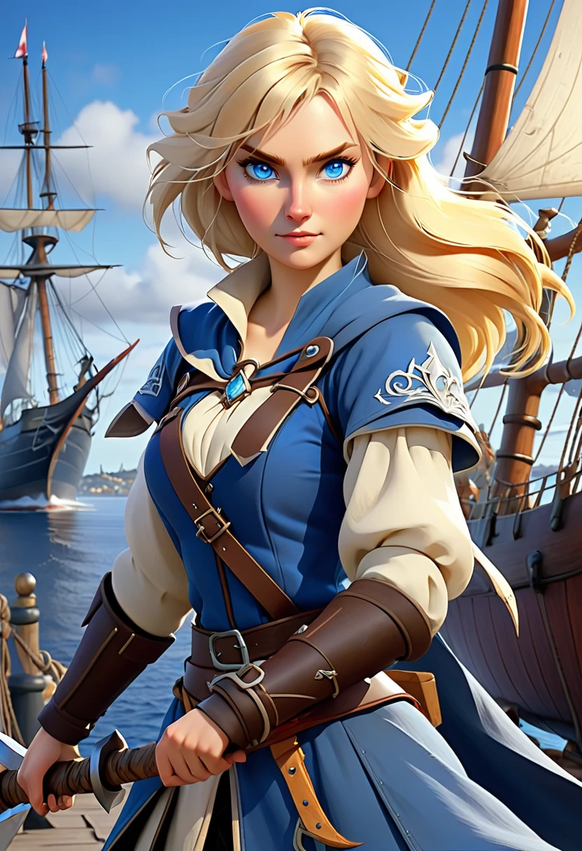 a human female mage nordic women. with a short axe. she has blonde hair and blue eyes. in the background we see a harbor with sail-ships.