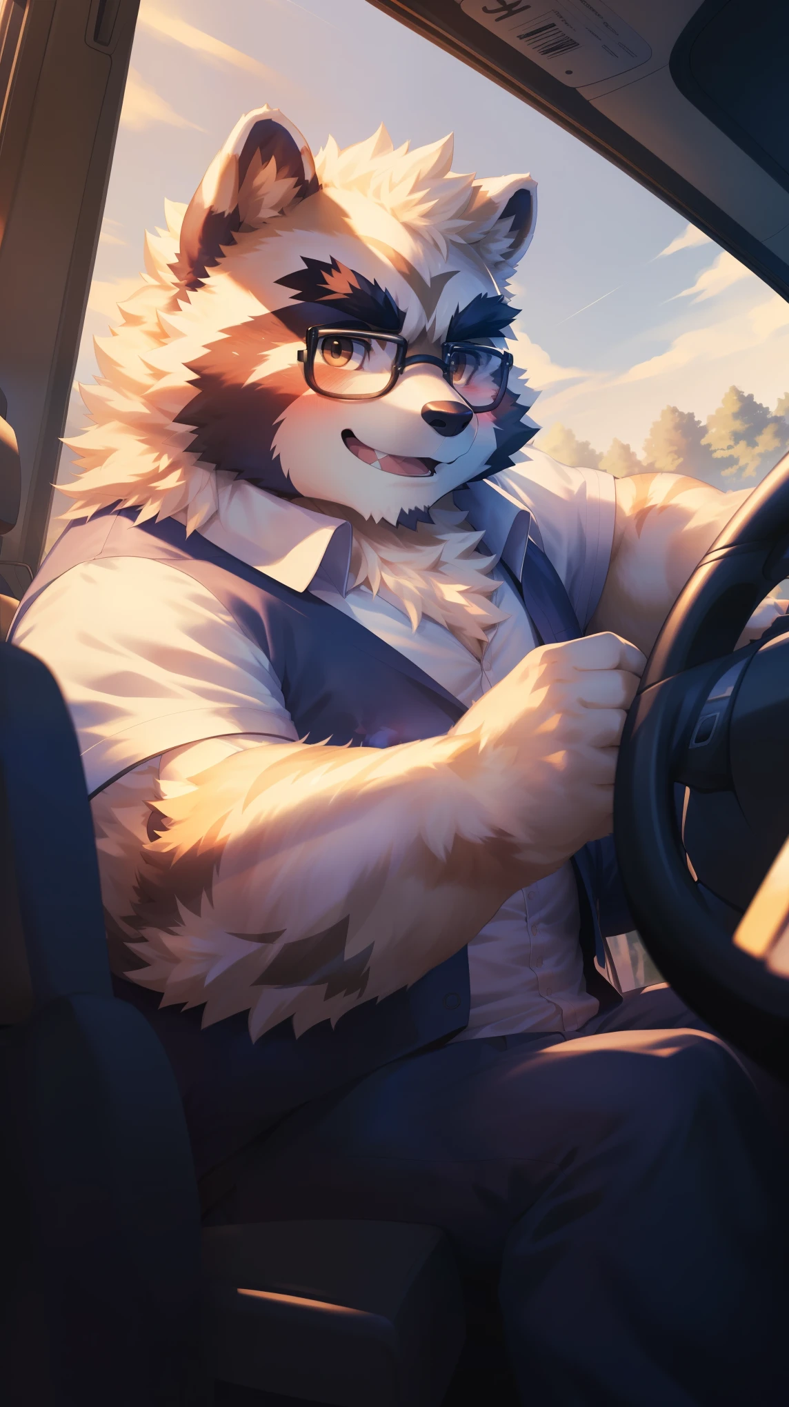 (Vision:1.5), solitary, anthropology, hairy, hairy male, raccoon, ((Fluffy fur, Fluffy, hairy body)), (raccoon print), (Thick eyebrows), youth, muscular, White and big skin, Brown pupils, Detailed teeth, defaced face, fundos, driver, White vest, Glasses, cab里, Driving, sideways, Shy expression, A faint smile, blush, (Dynamic poses:1.5), Clear facial features, Strong, majestic, alone, panoramic, Fog atmosphere, early morning, Tyndall Light Effect, cab, Sunlight through the car window, (By Empty Ghost, From raccoon20, masterpiece, high quality, high resolution,8K)