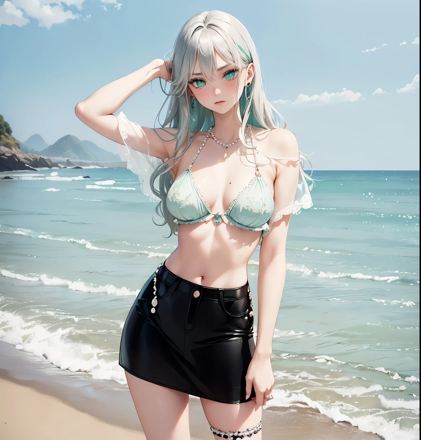 ((dark fantasy)), ((wavy hair, silver hair color, pale skin),(((green aquamarine eyes))), freckles, warm light,( ),busty,Glamour,Gorgeous,monochromes,erotic posing,Dynamic Posing,Arrange Pose,Dramatic,Cinematic,Detailed background, Dynamic Angle,From the angle of the film,Gothic background, Dark fantastic view,Best Quality,masutepiece,8K,The ultimate detailed dark background, Top image quality、RAW photography、超A high resolution,cropped shoulders, overall look is very erotic、Shot for one person only, model shoot, Large round chest, Beautiful Eyes of Details、Very slender eyes、Beautiful eyelashes、Very slim physique, with blush cheeks,Pearl Beaded Bralet Top, ((pearl top)), opal pearl in hand