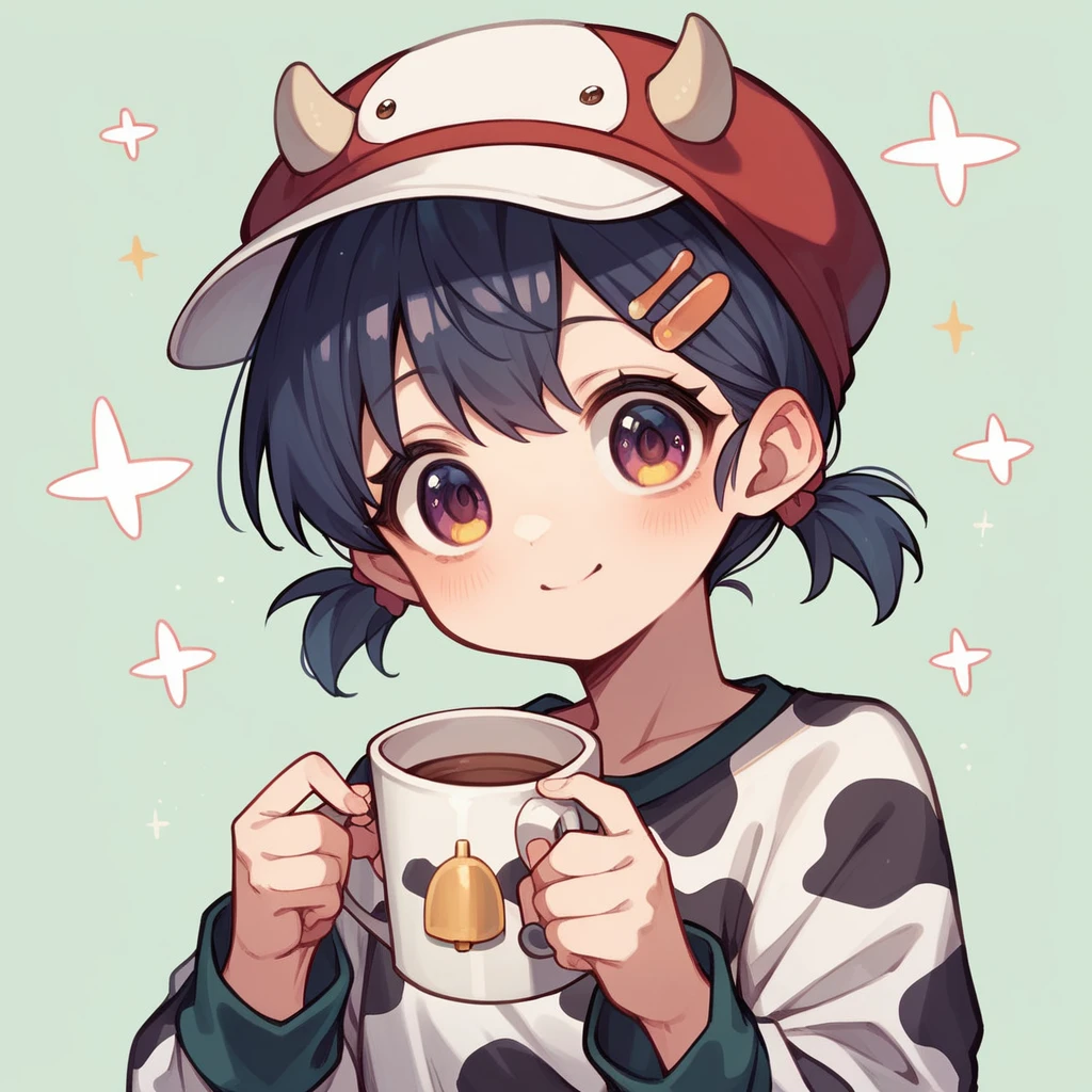 "cute, cute,1 girl, short twin tails, redheadwear, purples eyes,  cow motif、Her clothes are cute and soft., Comes with hair clips and other accessories. cow print clothes、J cup、Cow horns grow、solid color background