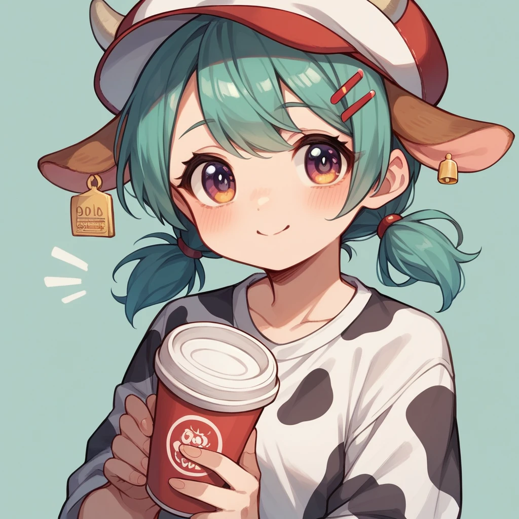 "cute, cute,1 girl, short twin tails, redheadwear, purples eyes, cow motif、Her clothes are cute and soft., Comes with hair clips and other accessories. cow print clothes、J cup、Cow horns grow、solid color background