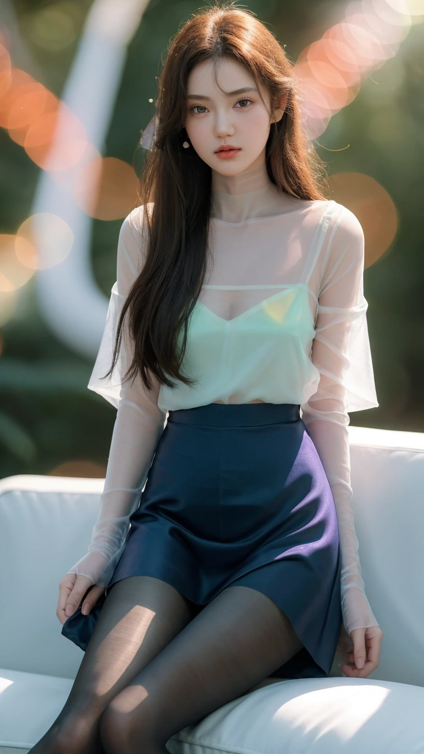 best quality, highres, 8k, masterpiece, photography, 20 years old, a girl, long hair, (real skin texture:1.3), (Slender figure:1.1), bright and shiny lips, (Immersive Ambience, Chiaroscuro:1.5, Bright Light:1.2, Glow Lighting), (Bokeh:1.5), Blurred, delicate facial features, Black Skirt, (Opaque Pantyhose:1.5), sitting on the sofa, (Fuji Colors:1.5), film grain