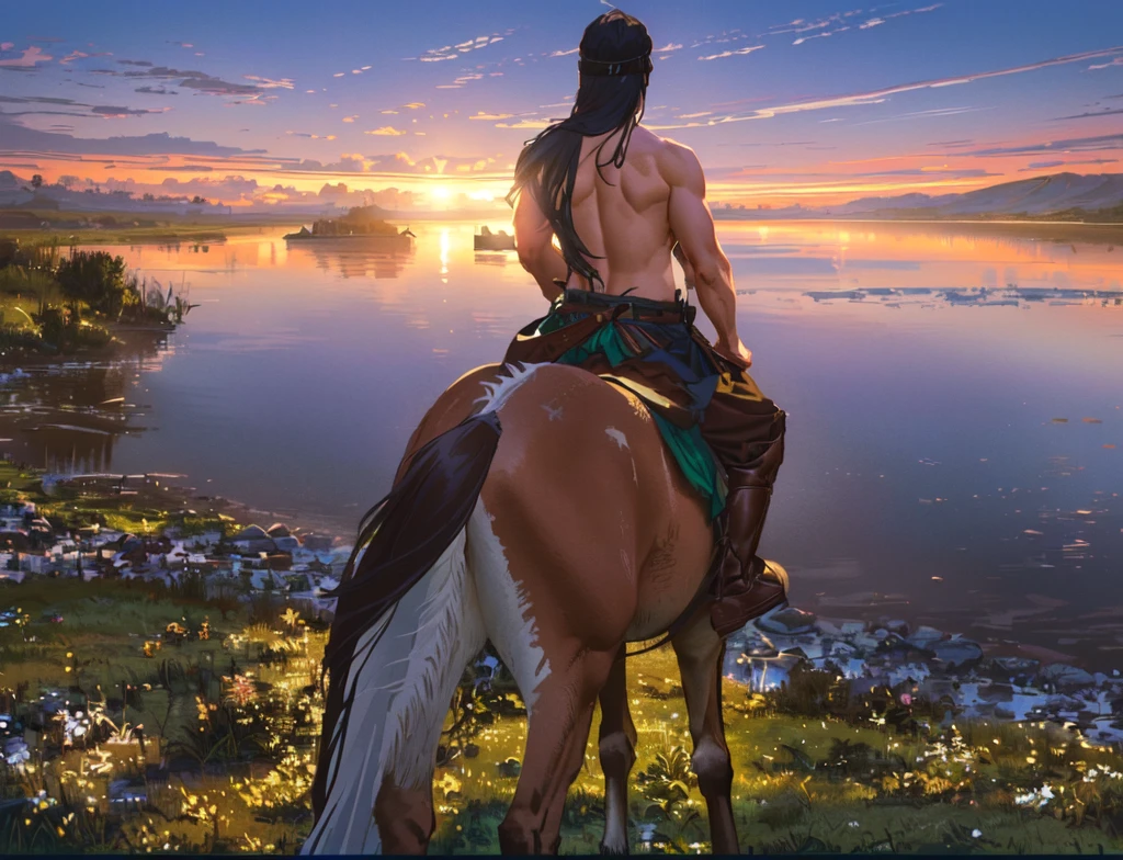 there is a man riding a horse ，muscular，Strong back muscles，by the water, horse riding, Mexican cowboys, adam driver as Centaur warrior, Sihors Valley, riding a horse,  knight, horse knight, horse riding, in a meadow, Horse Warrior, Standing on the Plains of Rohan, Cowboy Behind the Scenes, horse riding, Centaur