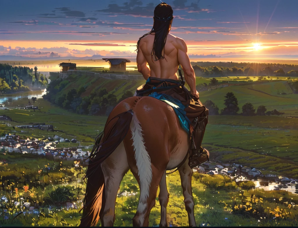 there is a man riding a horse ,muscular,Strong back muscles,by the water, horse riding, Mexican cowboys, adam driver as Centaur warrior, Sihors Valley, riding a horse, knight, horse knight, horse riding, in a meadow, Horse Warrior, Standing on the Plains of Rohan, Cowboy Behind the Scenes, horse riding, Centaur