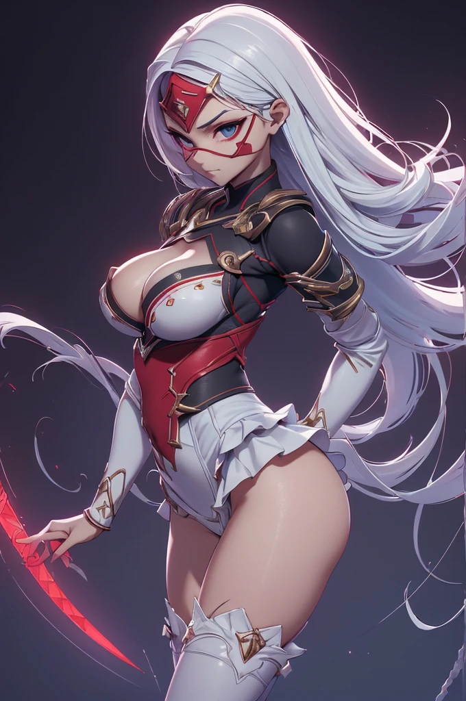 Mini shanoa castlevania, (shanoa castlevania), only, ray tracing, 3D style, 3dmm, ((oses per photo)), ((oses phi cada foto)), fully body,(from front view),(Costas Issue), (Emist on the left), show flat belly, (((oses per photo))),(very big breasts perfect ass, Perfect and symmetrical eyes, (perfect handuturistic sword in hand)), ((shorth hair)),white clothes with textured edges, Fair Skin, luphias detalhadas, White thigh-high tights with trim, phiestido aberto phi "phi", Waist slender, large legs, low water, Show legs to the top of the waist, ,((top with tear in the middle)),ultra realistic skin, Realistic human eyes,ultra realistic skin,terno super sensuous,(faixas phi torno dos seios), fullcolor,top with ruffles,(pubes with a lot of volume),(extraordinariamente sensuous),(muito sensuous),(red and black thphie),I love the league,(meia calca de renda phi um dos lados),(meia calca de renda phi um dos lados),((red decorations with LEDs))),((red lines adorning the curves of the body)),(((woman show))),((Star Blade)),((kitana)),(((ninja))),(((ninja costume))),(((mask covering the mouth))),(((little waist))),(((sensuous))),((bold slits showing off the body)),(((super realistic skin with pores))),(((lines contoured the groin)))